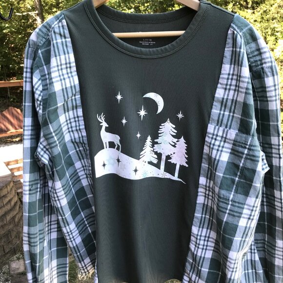 Flannel Shirt Upcycle, M-L: Reworked Oversized Pullover Sweatshirt, Winter Scene - Picture 6 of 12